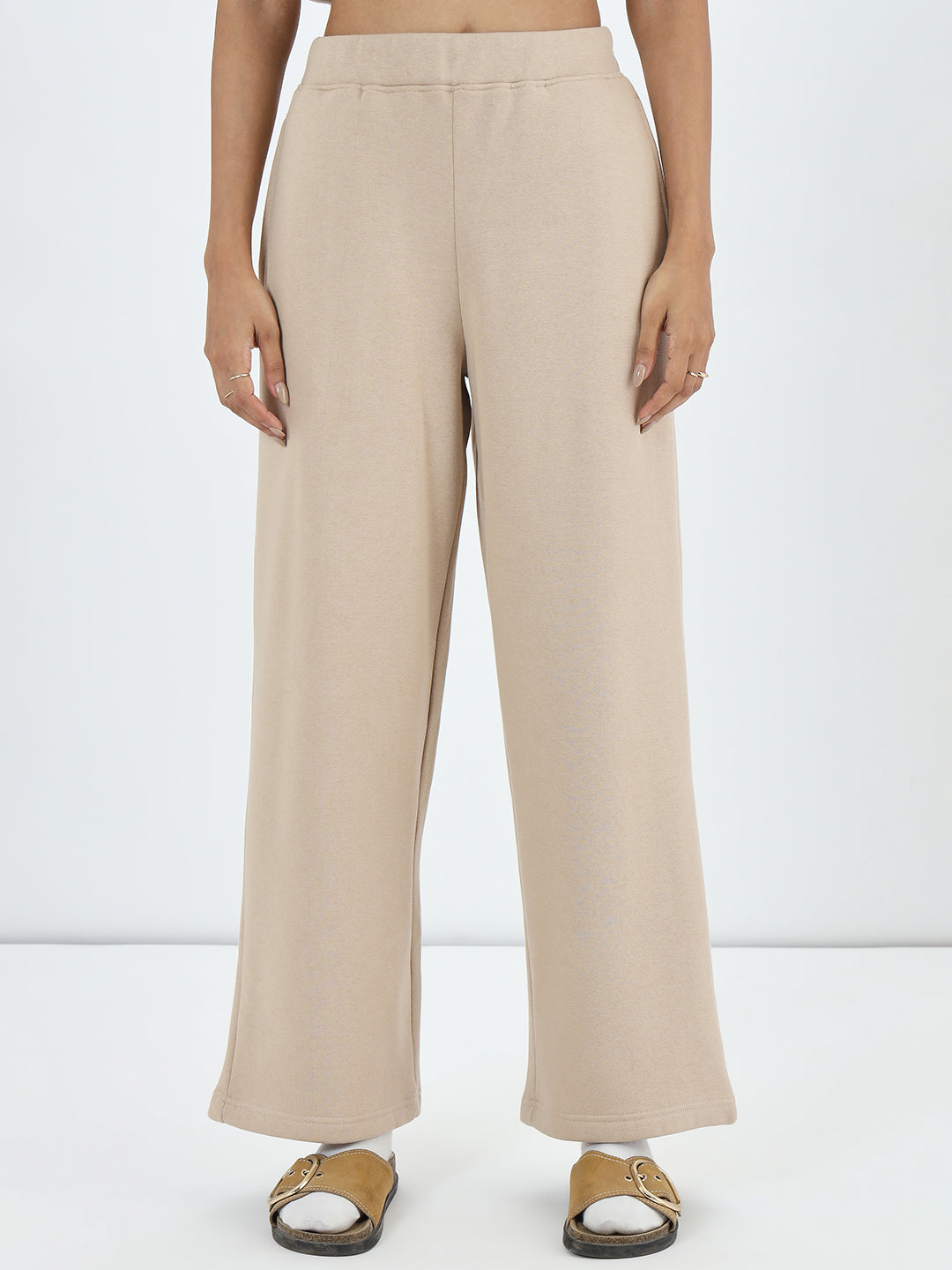 Beige Straight Fit Fleece Trackpants