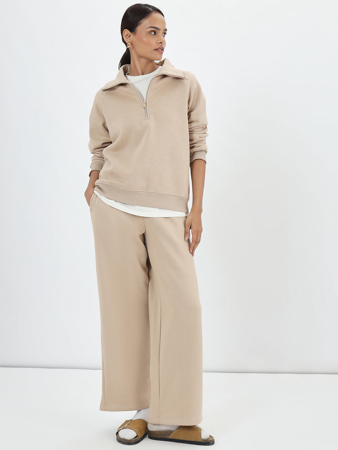 Beige Half Zipper Fleece Sweatshirt