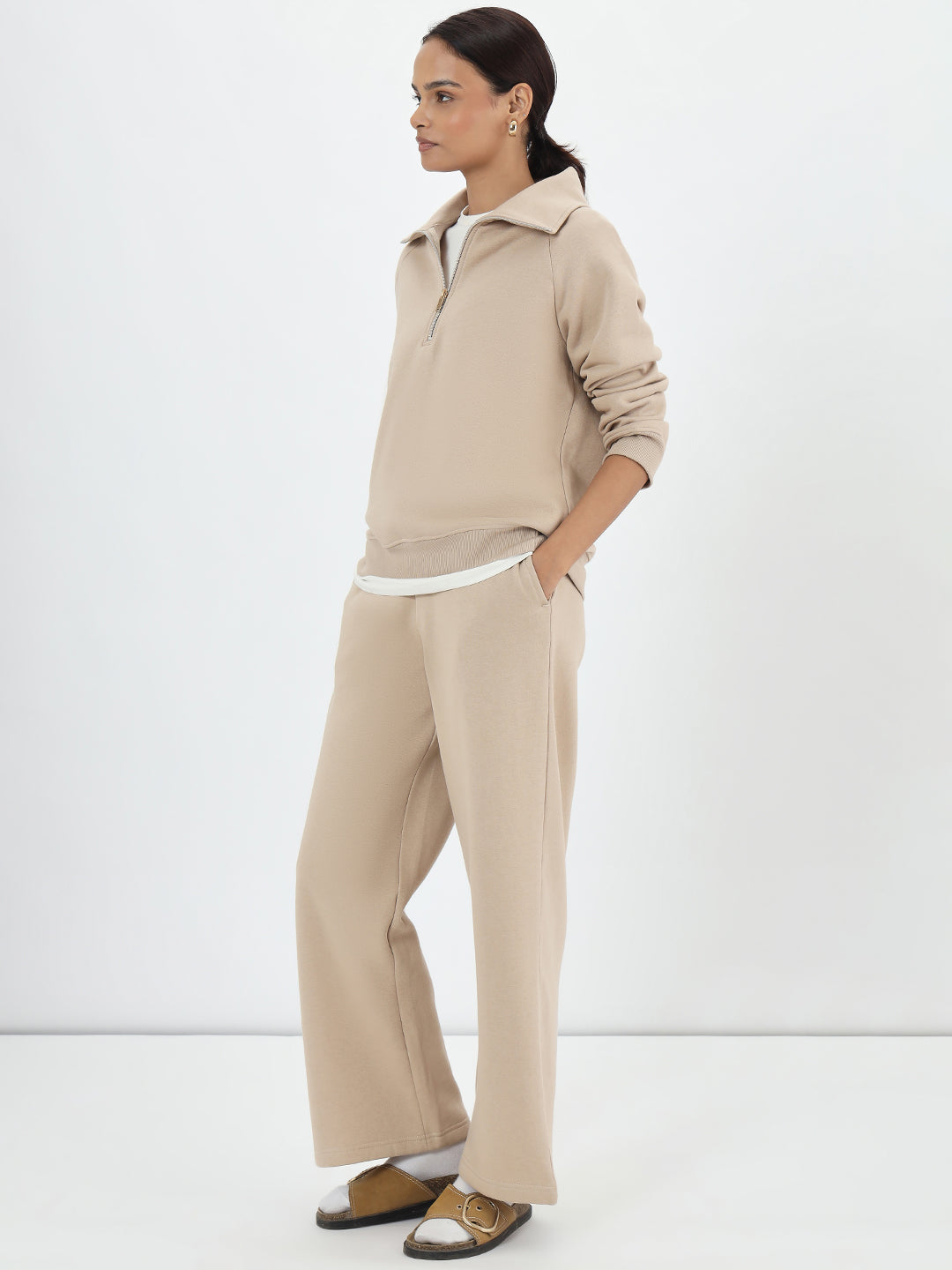 Beige Half Zipper Fleece Sweatshirt