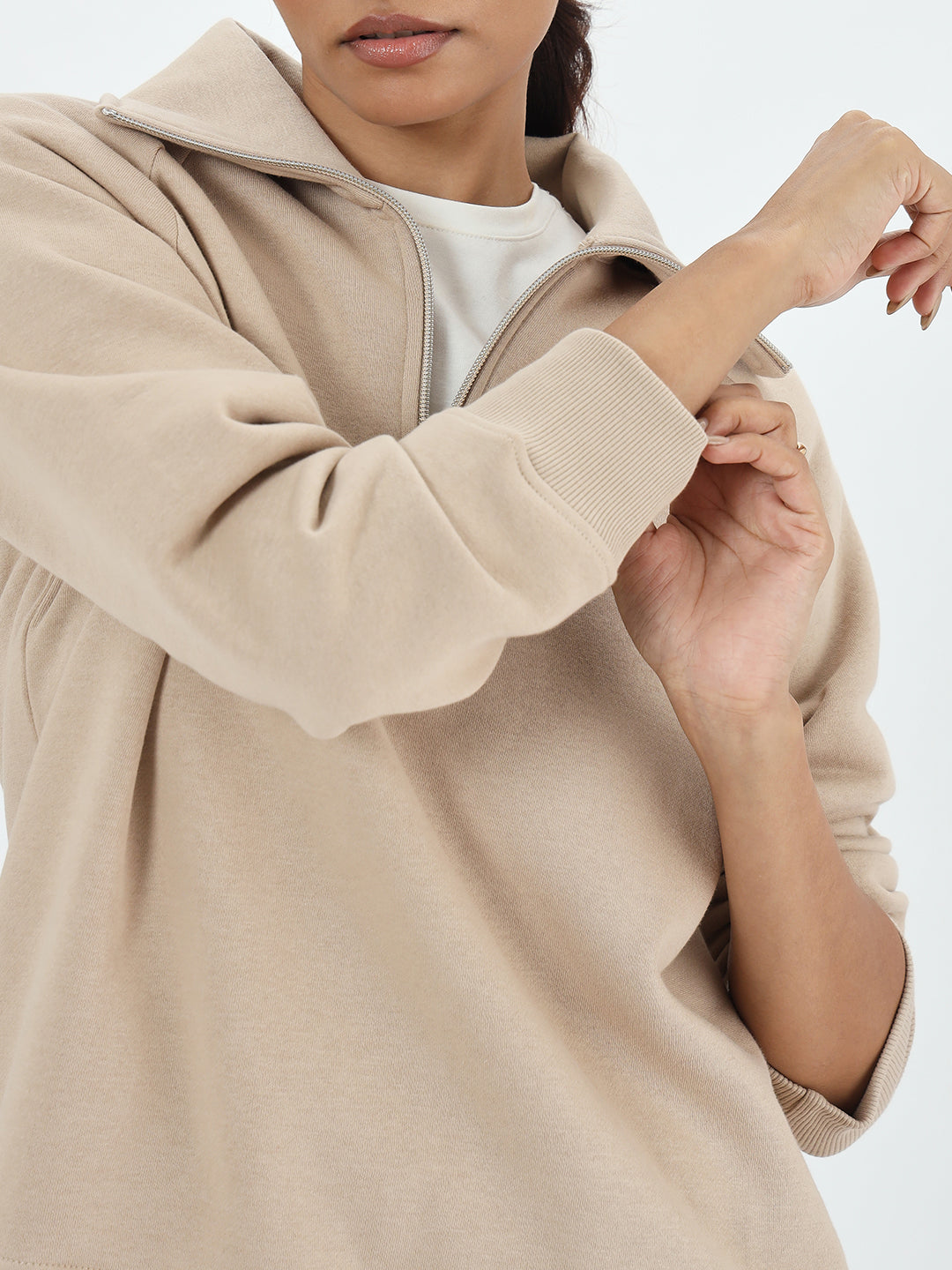 Beige Half Zipper Fleece Sweatshirt