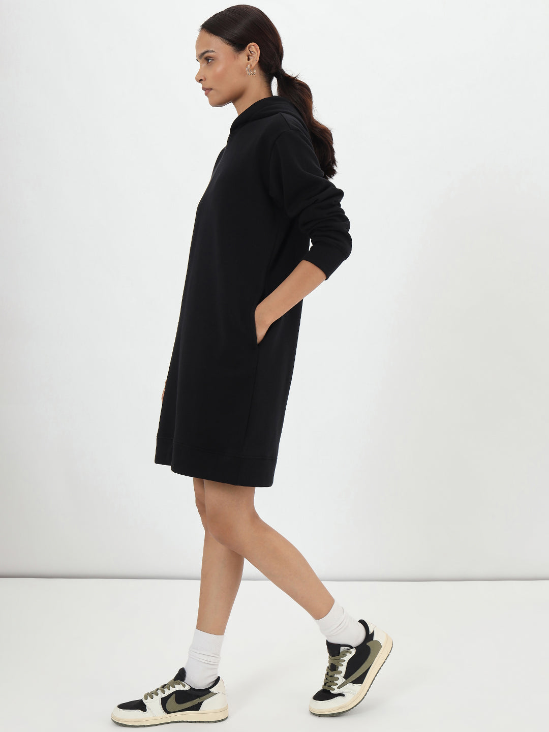 Black Fleece Hooded Sweatshirt Dress
