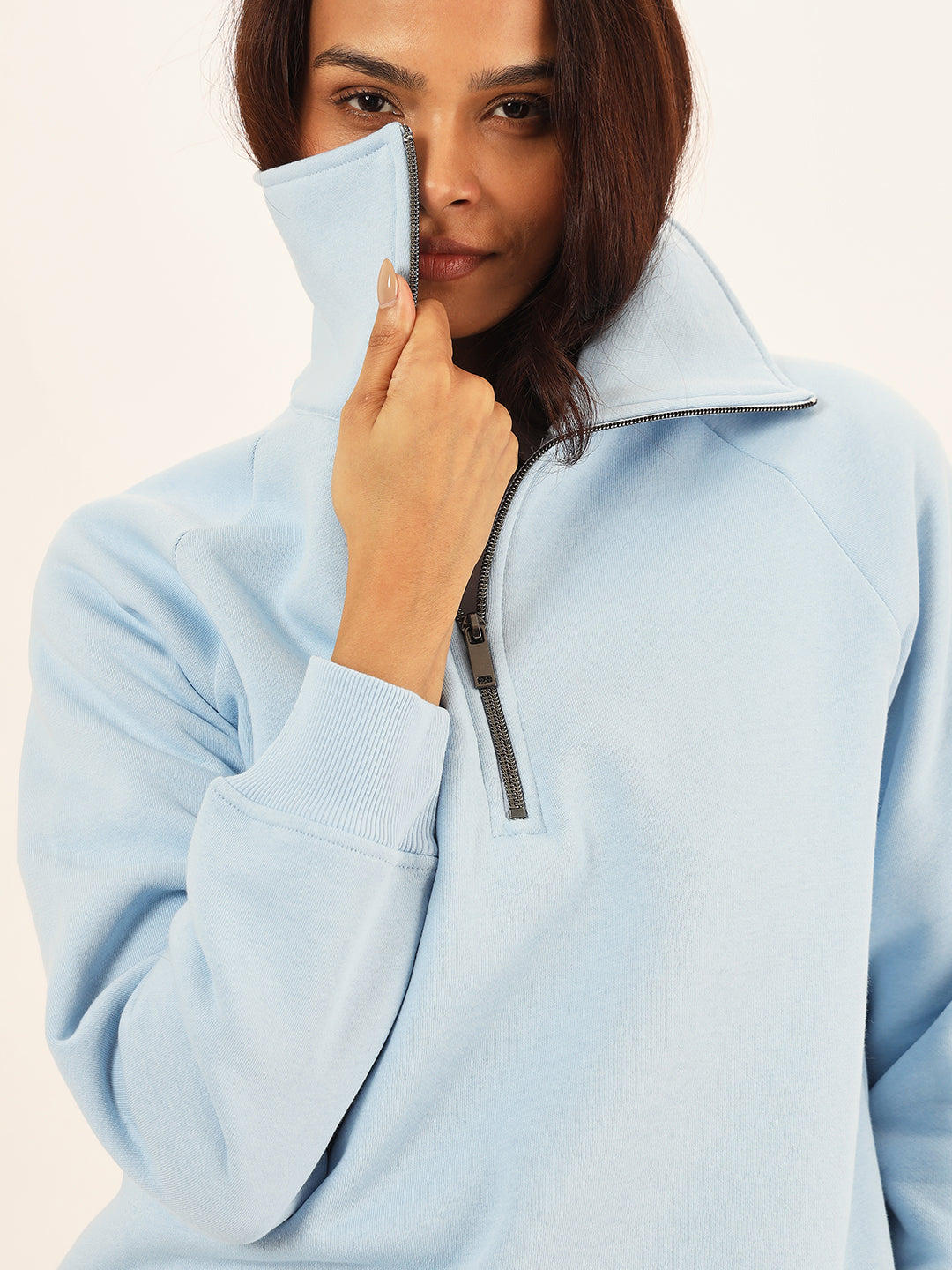 Powder Blue Half Zipper Fleece Sweatshirt