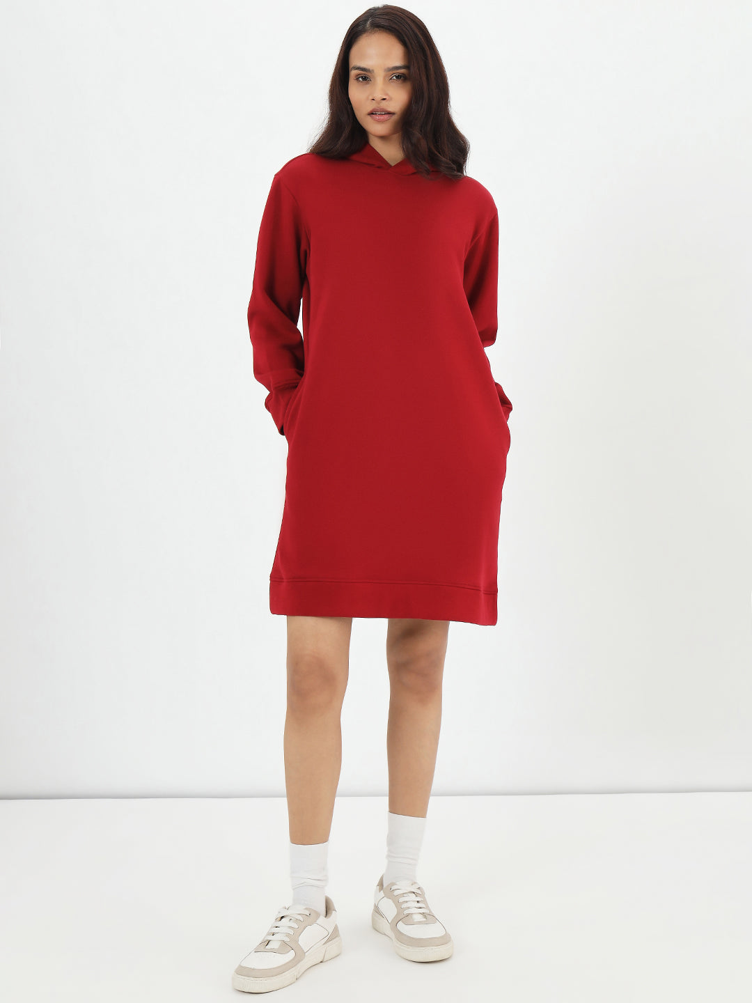 Red Fleece Hooded Sweatshirt Dress