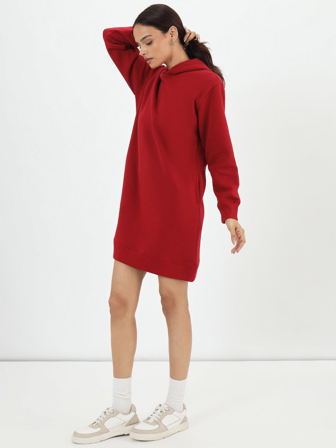 Red Fleece Hooded Sweatshirt Dress
