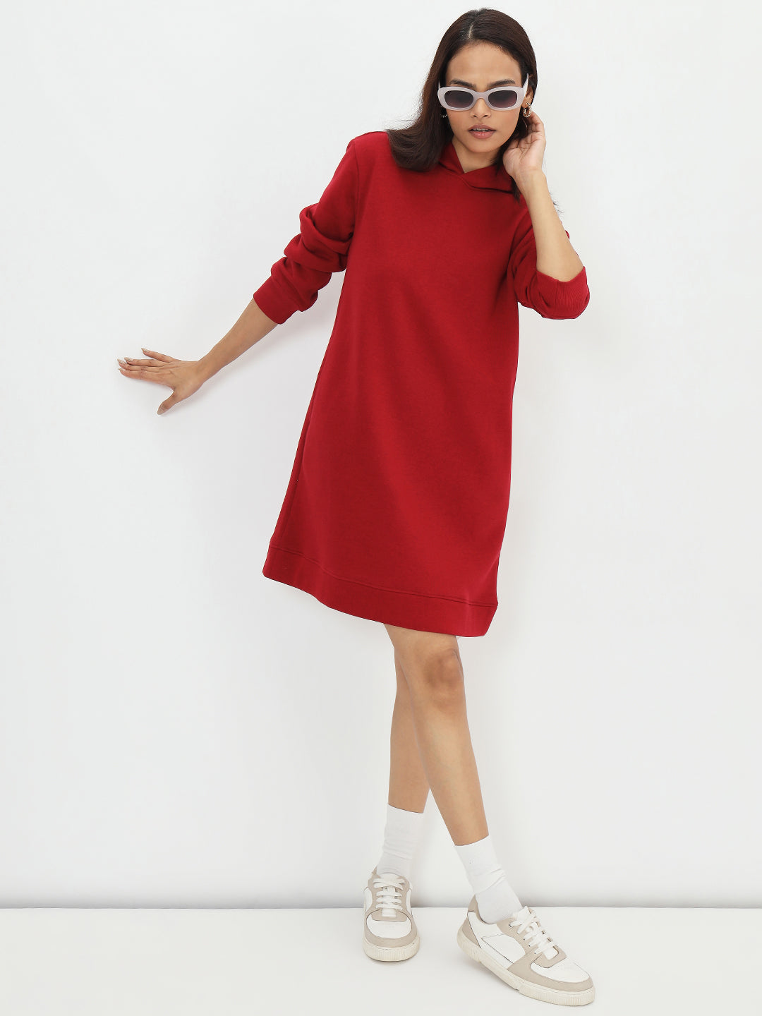 Red Fleece Hooded Sweatshirt Dress