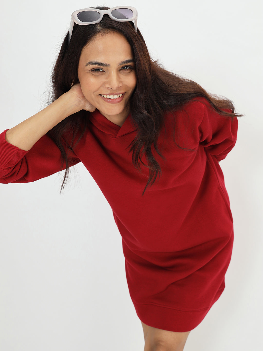 Red Fleece Hooded Sweatshirt Dress