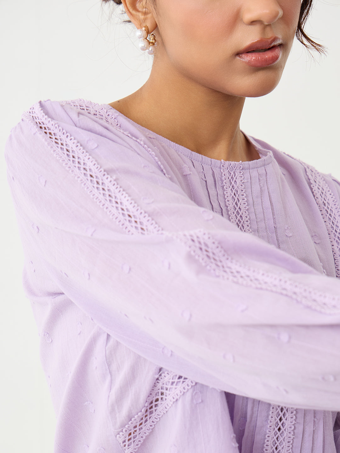 Sage Lace Insert Pleated Front Top