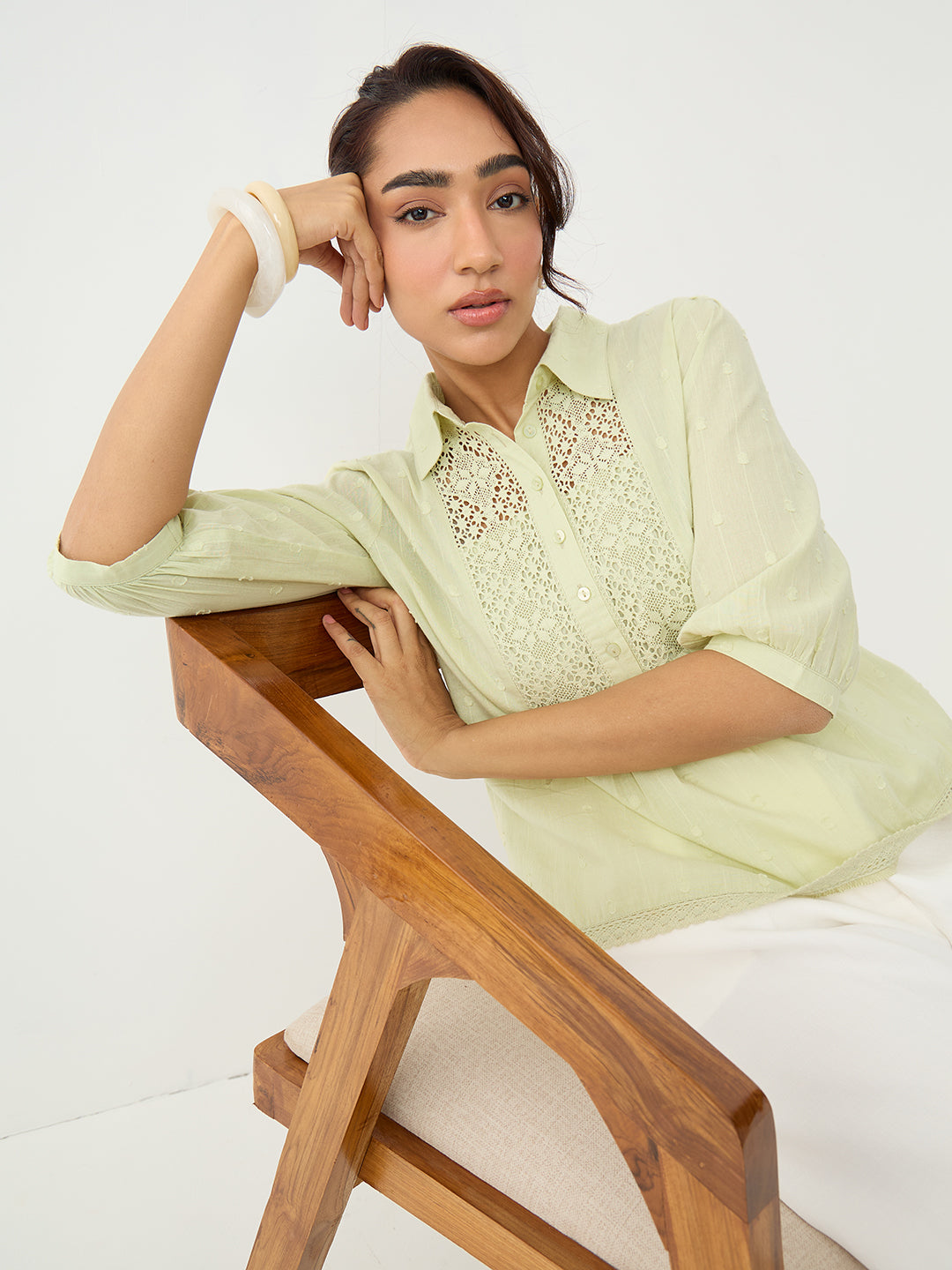 Sage Lace Insert Cotton Dobby Top