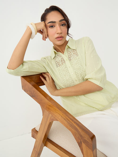 Sage Lace Insert Cotton Dobby Top