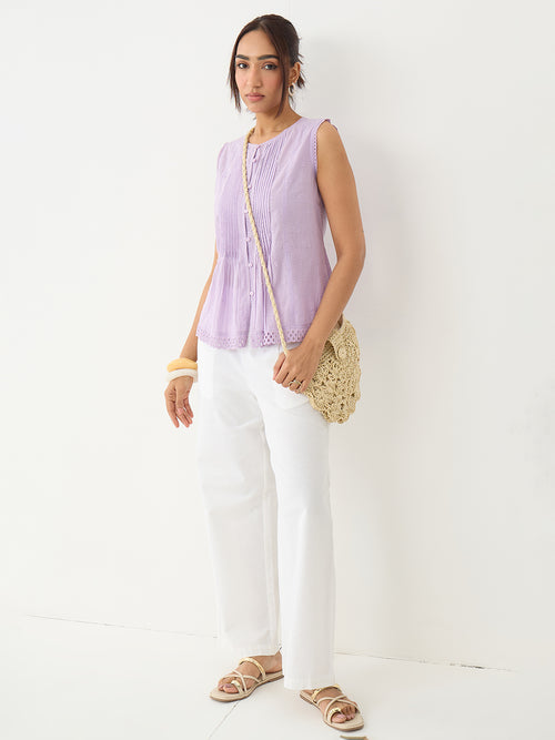 Lilac Pleated Peplum Dobby Top