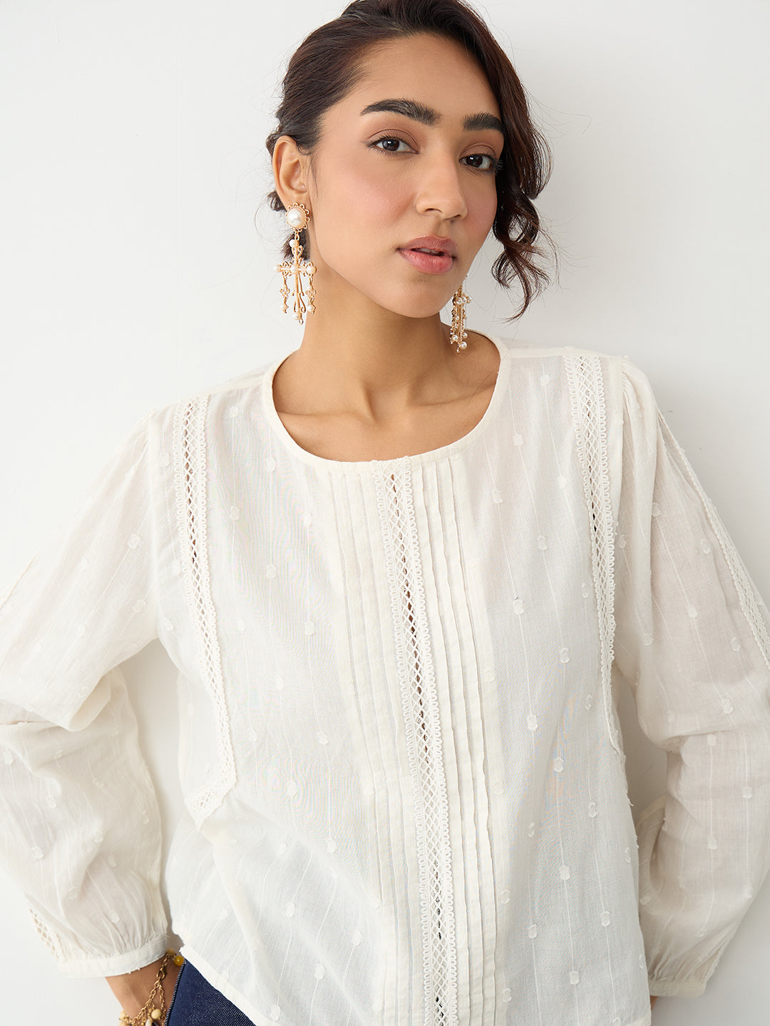 Off-White Lace Insert Pleated Front Top