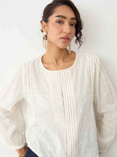 Off-White Lace Insert Pleated Front Top