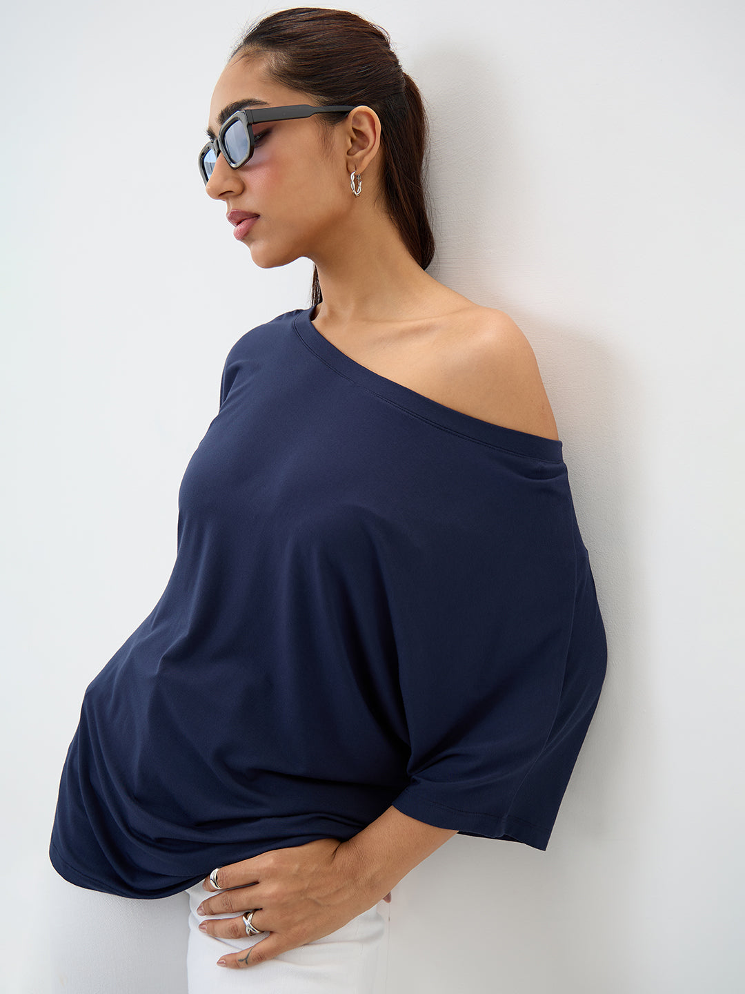 Bamboo Navy One Shoulder Longline Top