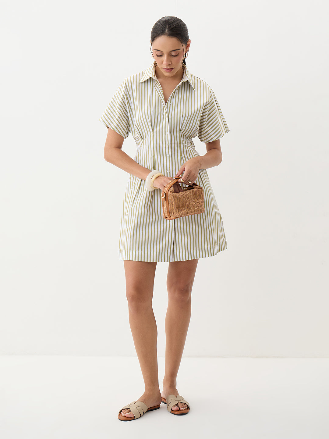 Olive Stripe Pleated Mini Dress