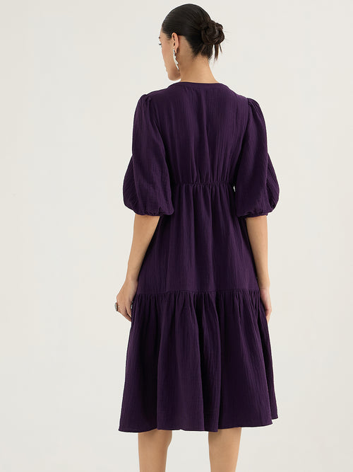 Cotton Gauze Deep Purple Knot Detail Midi Dress