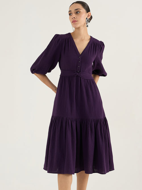Cotton Gauze Deep Purple Knot Detail Midi Dress
