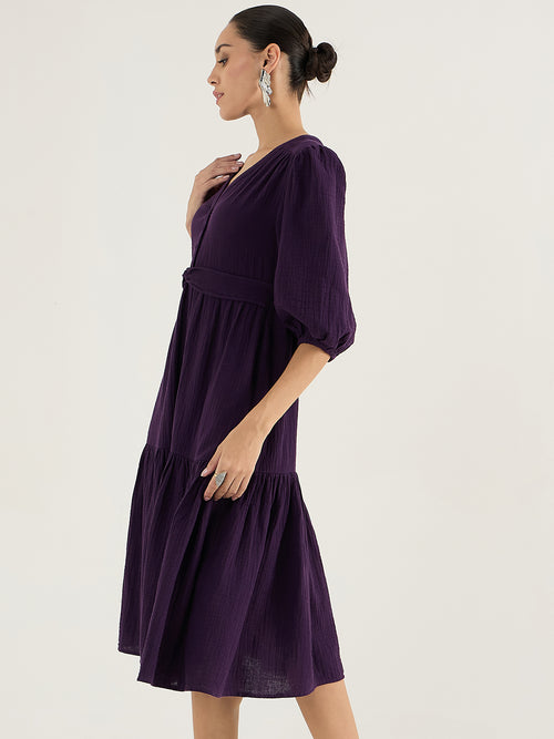 Cotton Gauze Deep Purple Knot Detail Midi Dress