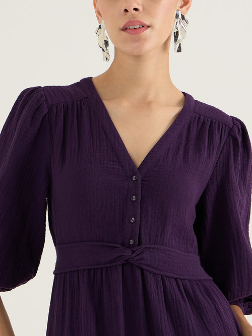 Cotton Gauze Deep Purple Knot Detail Midi Dress