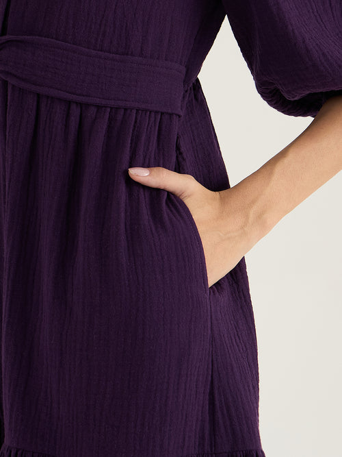 Cotton Gauze Deep Purple Knot Detail Midi Dress