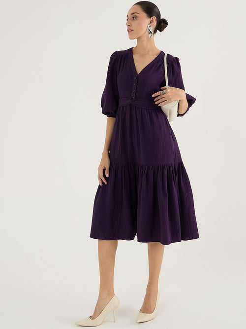 Cotton Gauze Deep Purple Knot Detail Midi Dress