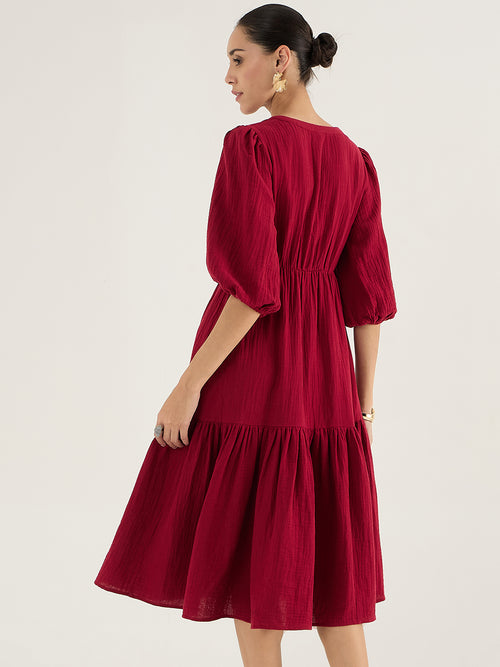Cotton Gauze Red Knot Detail Midi Dress