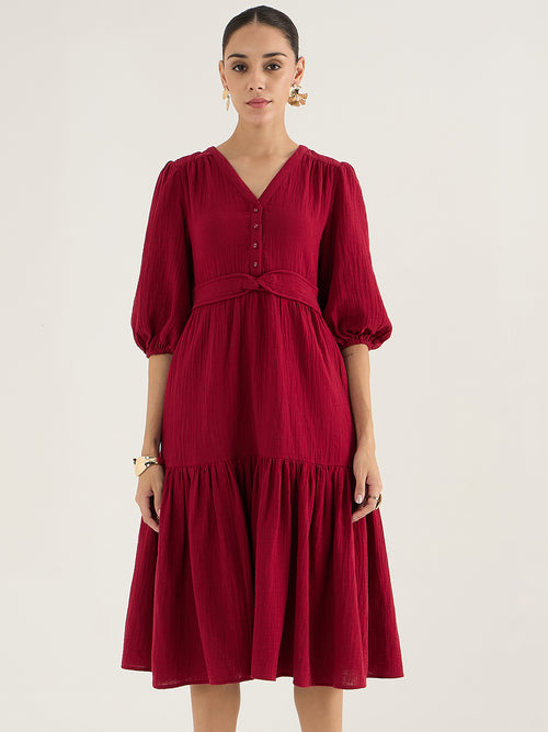 Cotton Gauze Red Knot Detail Midi Dress