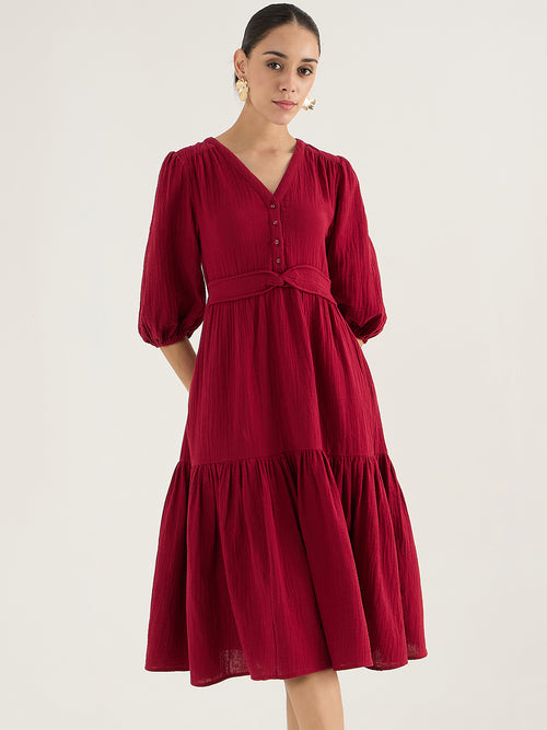 Cotton Gauze Red Knot Detail Midi Dress