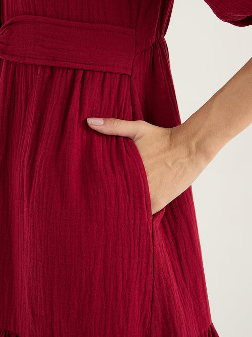 Cotton Gauze Red Knot Detail Midi Dress