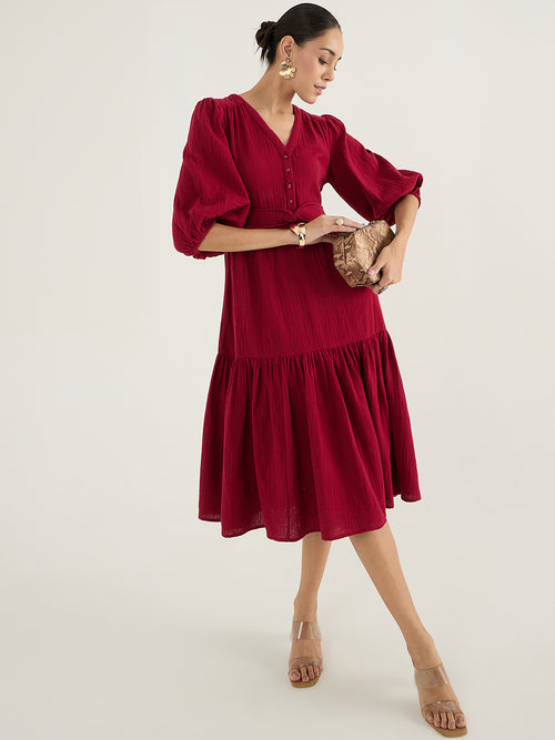 Cotton Gauze Red Knot Detail Midi Dress