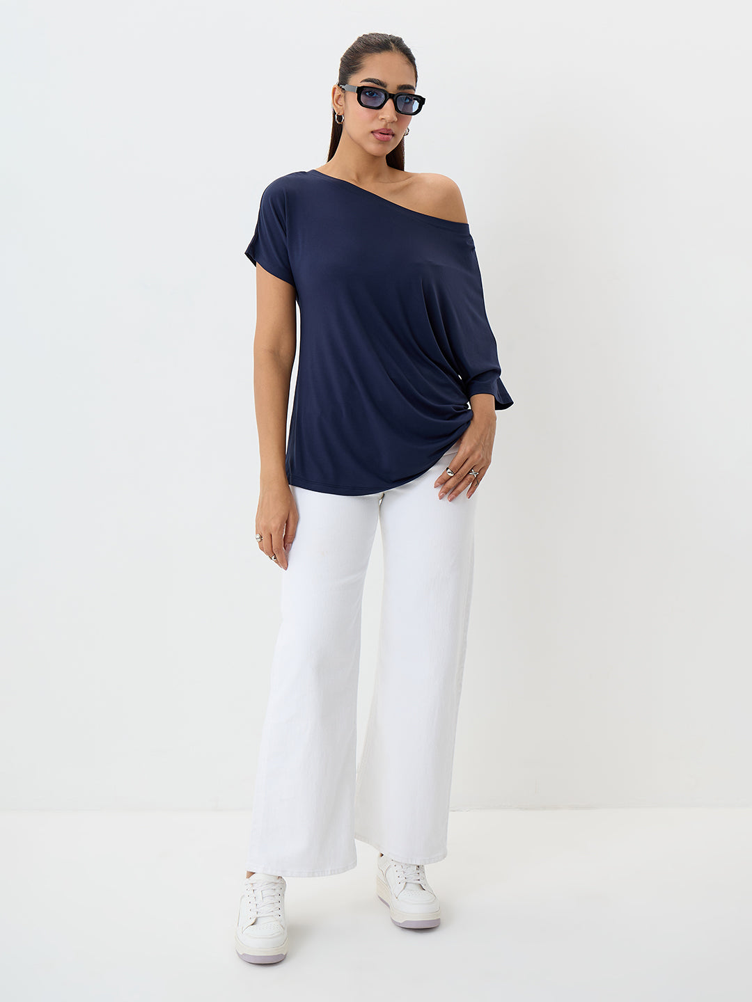 Bamboo Navy One Shoulder Longline Top