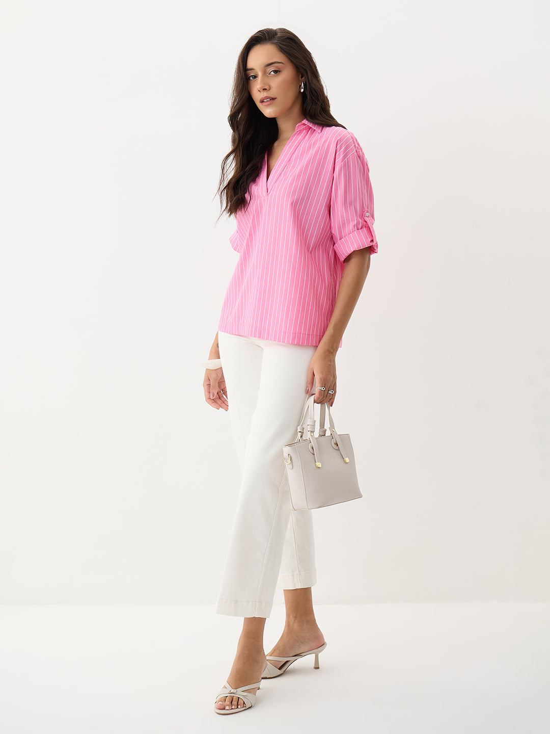 Pink Stripe Collared Oversized Top