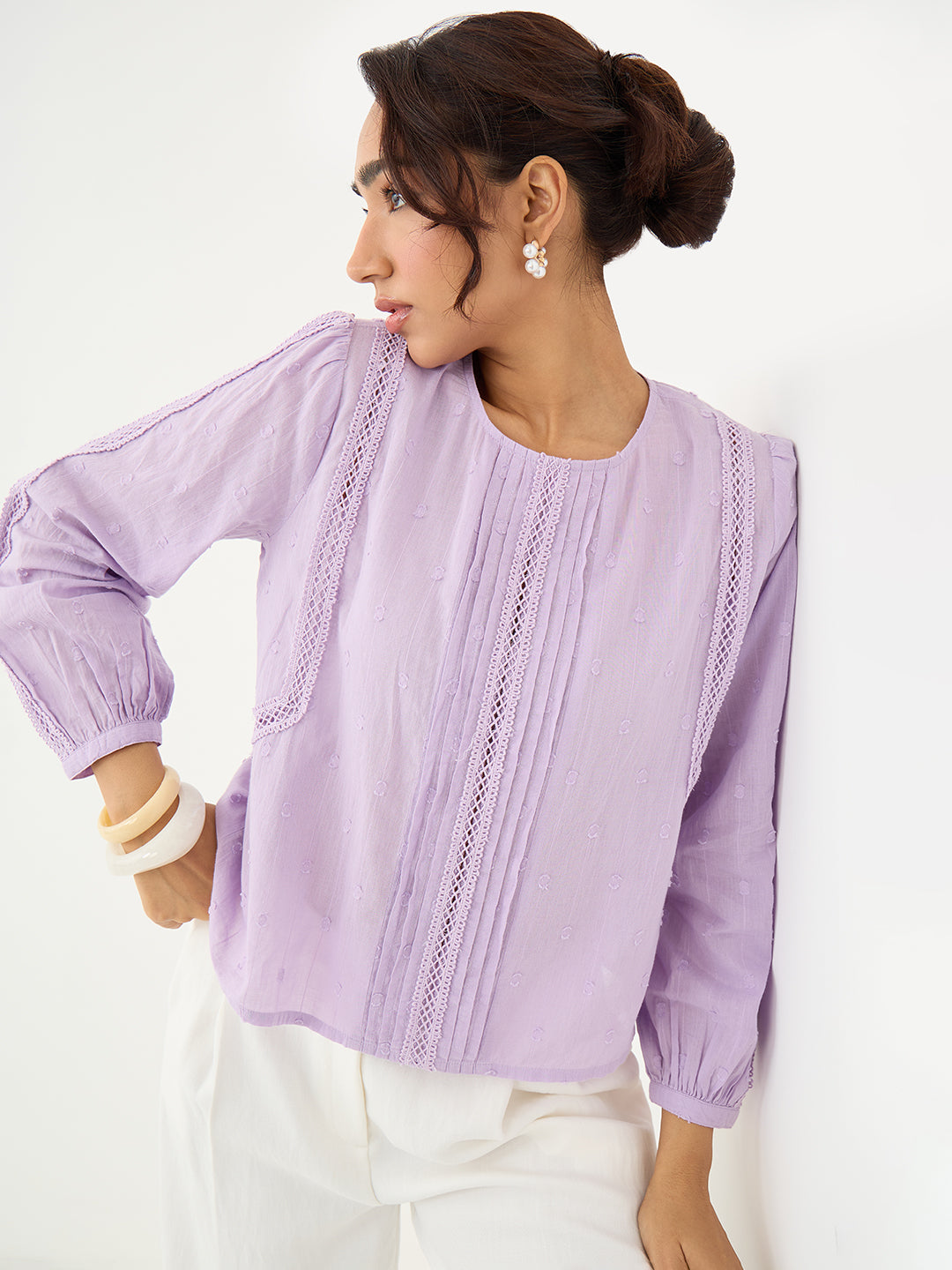 Sage Lace Insert Pleated Front Top