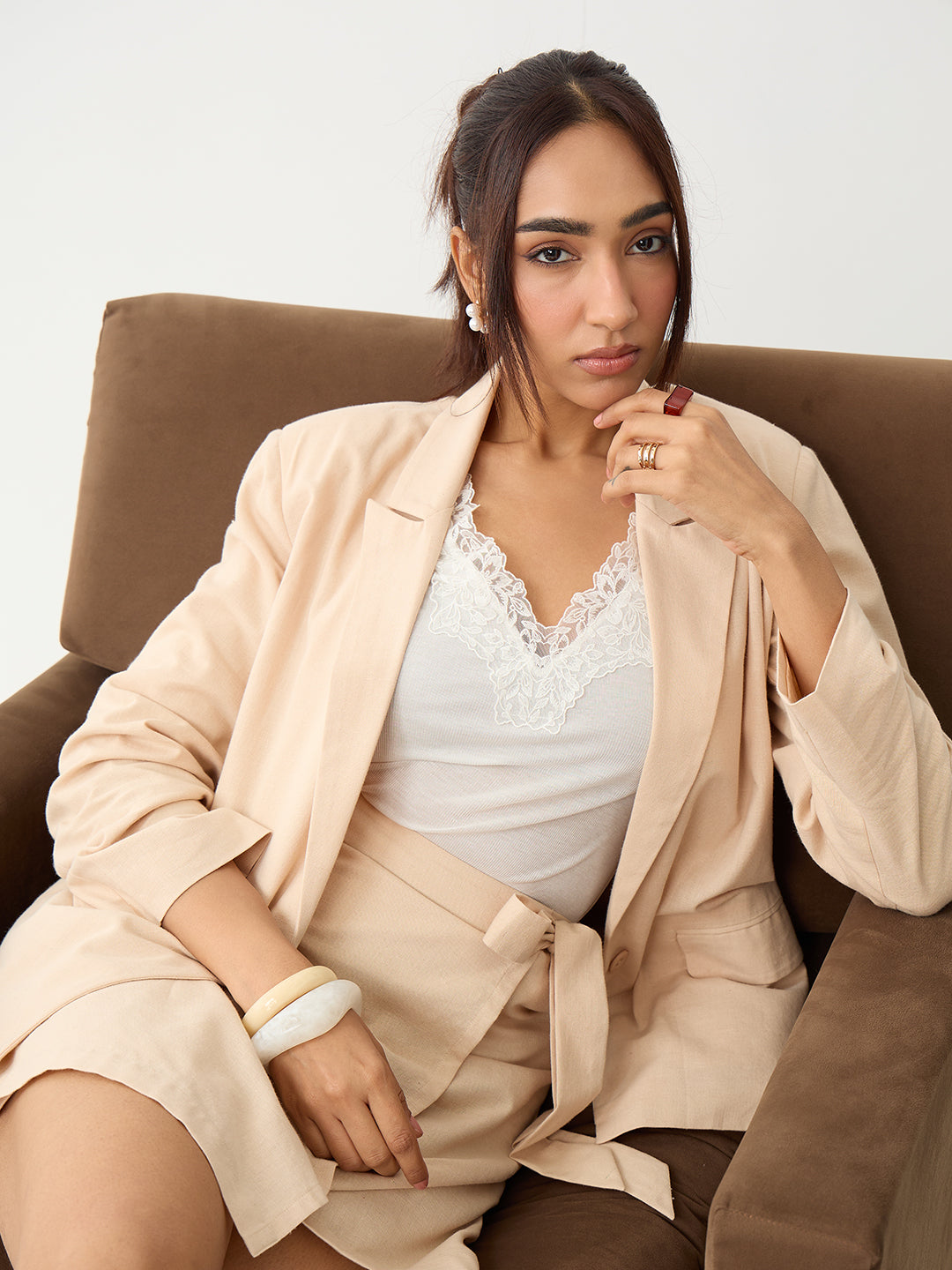 Beige Oversized Linen Blazer