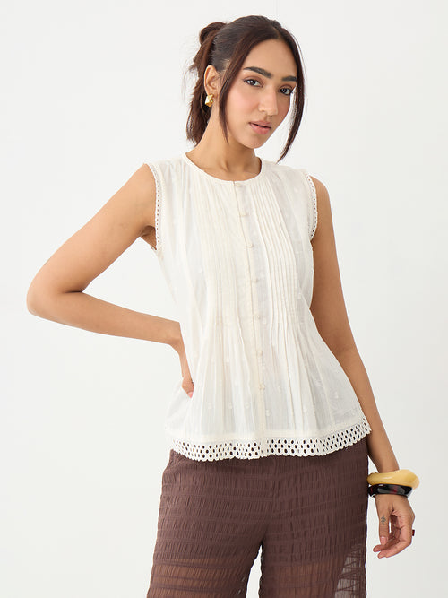 Off-White Pleated Peplum Dobby Top