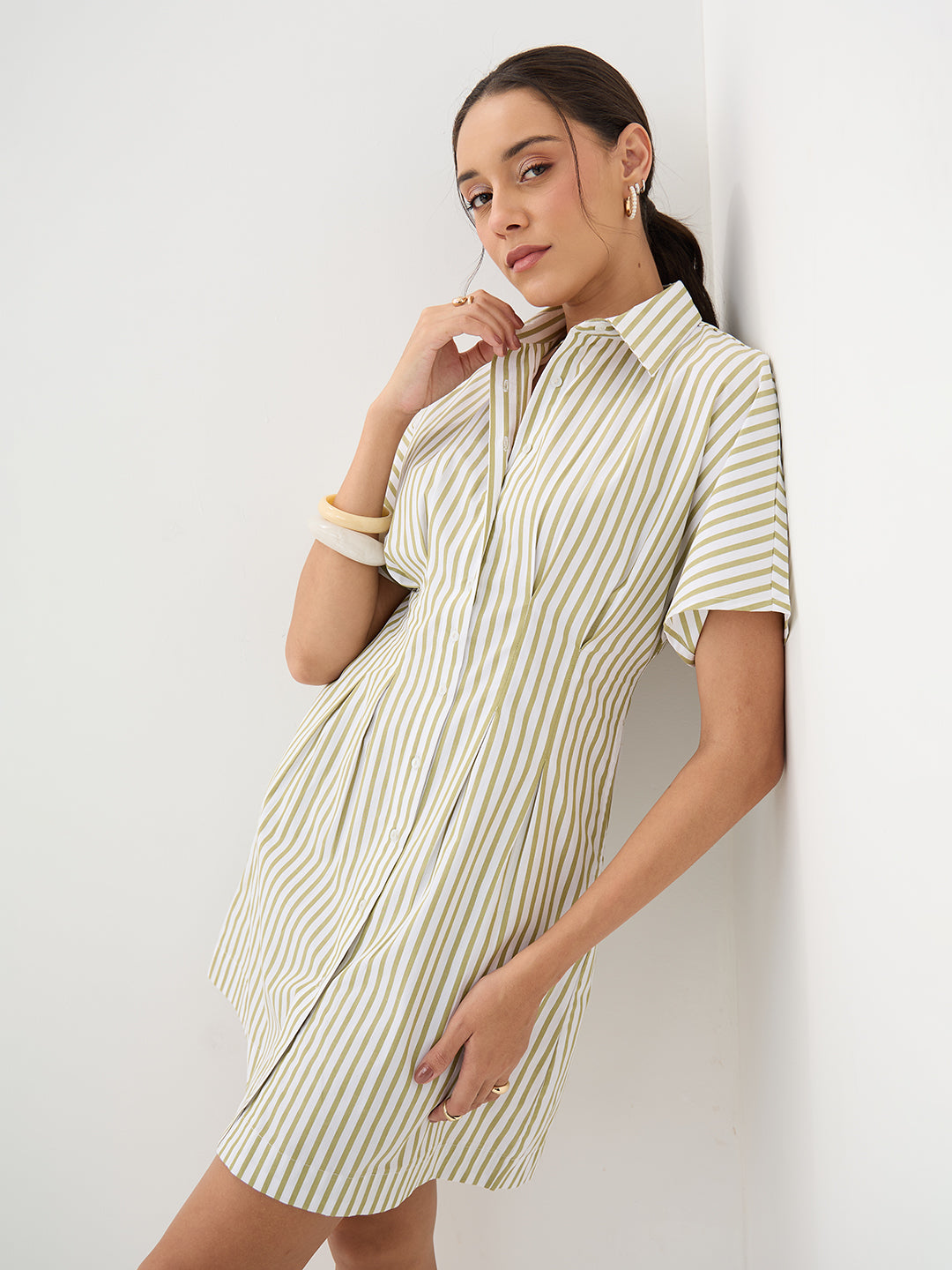 Olive Stripe Pleated Mini Dress