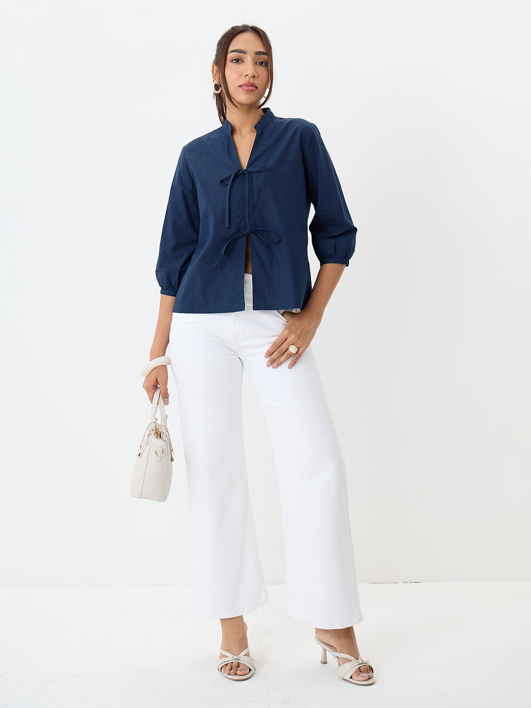 PaperLite Poplin Navy Tie-Up Top