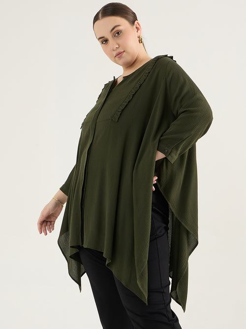 Olive Ruffle Detail Assymetric Tunic