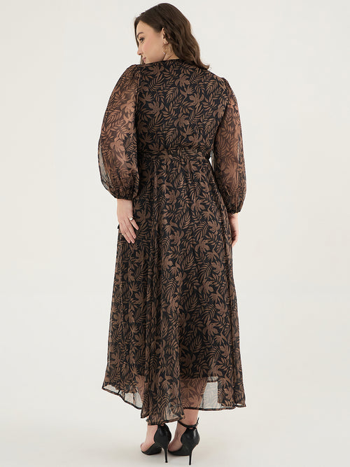 Black Leaf Print Wrap Maxi Dress