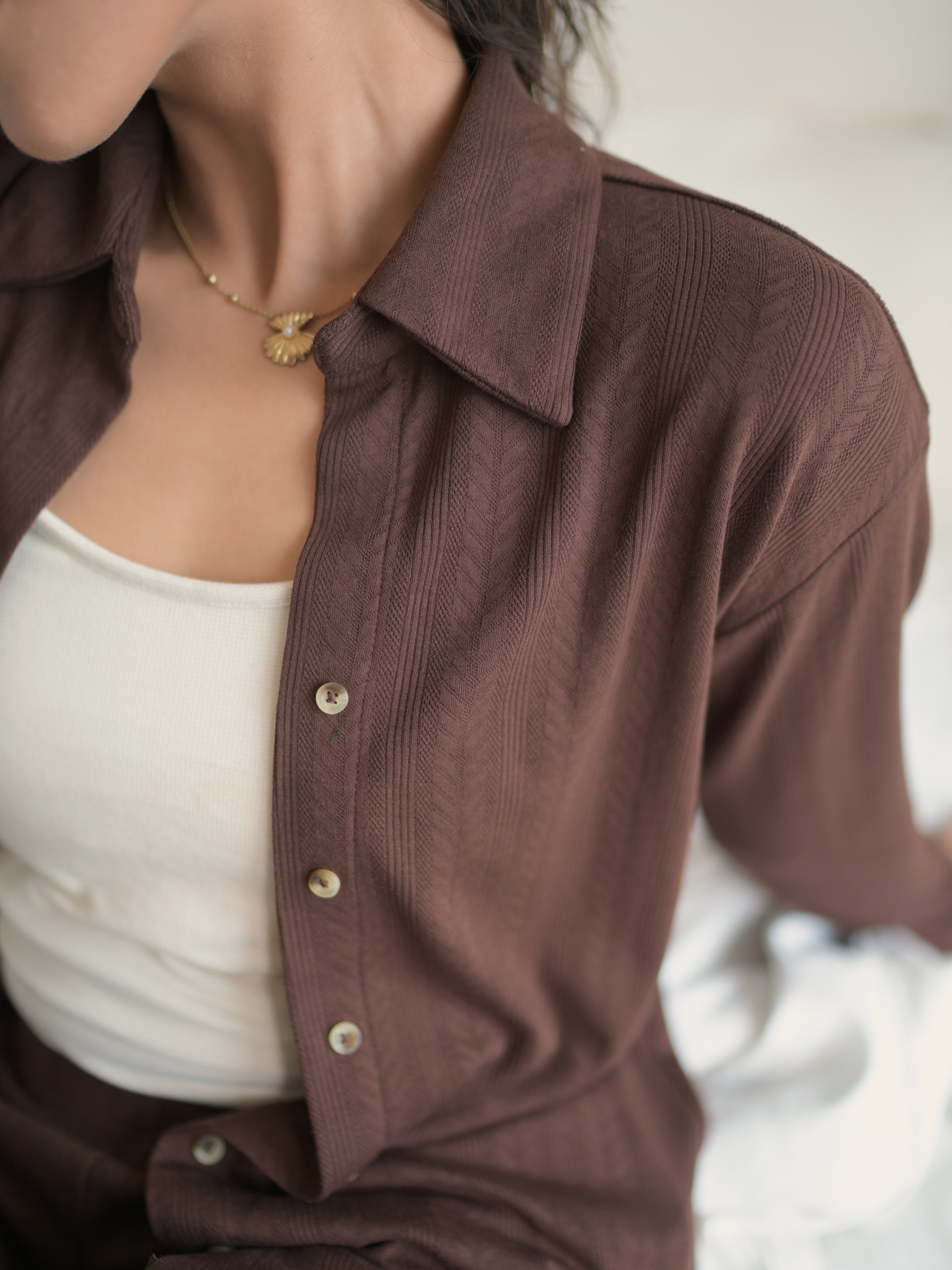 Brown Button Down Textured Jersey Co-Ord Set