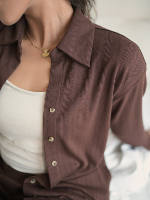 Brown Button Down Textured Jersey Co-Ord Set