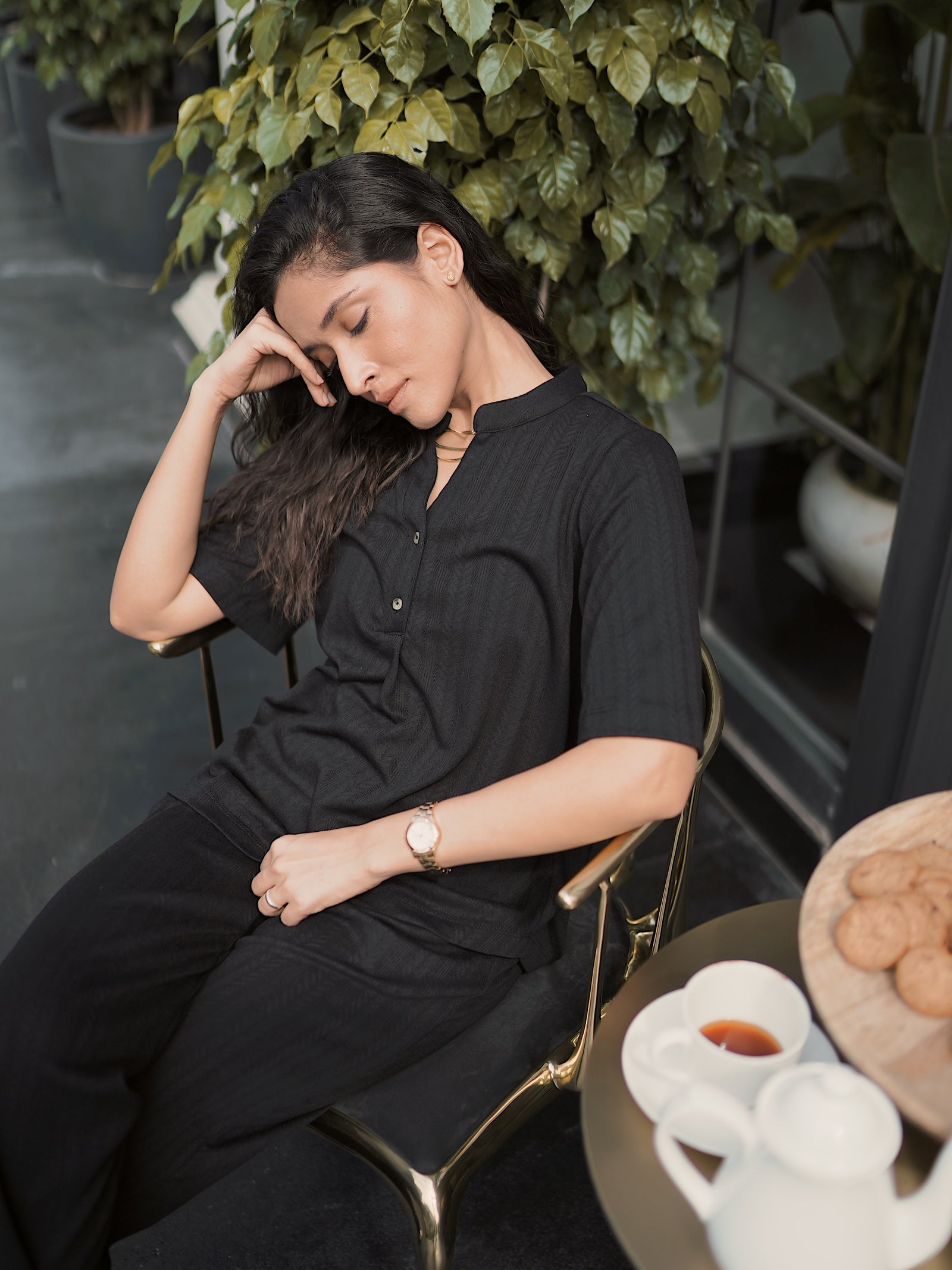 Black Pleat Detail Textured Jersey Co-Ord Set