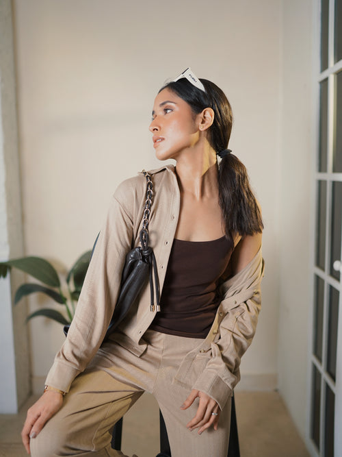 Beige Button Down Textured Jersey Co-Ord Set