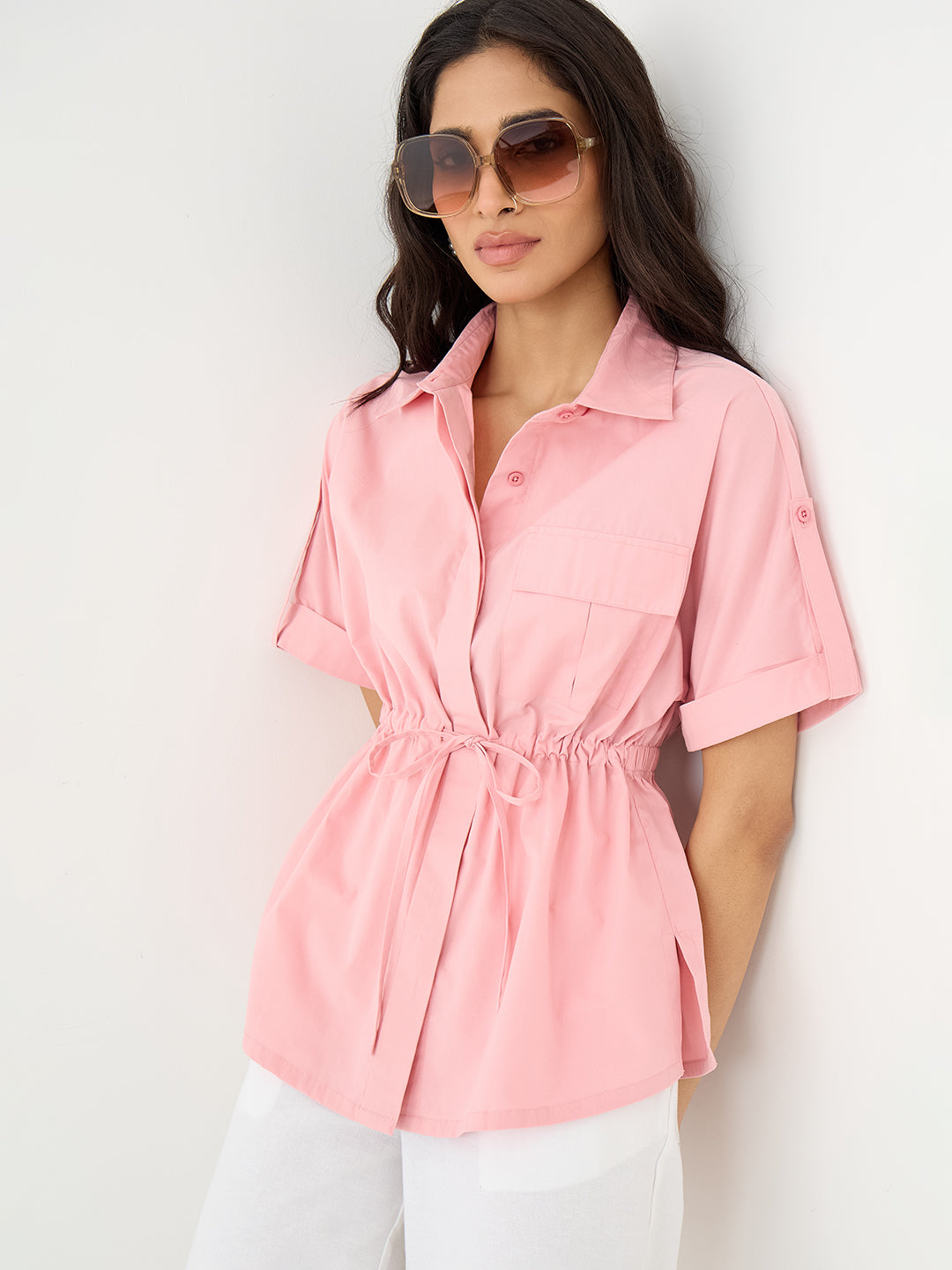 Light Pink Poplin Drwastring Detail Shirt
