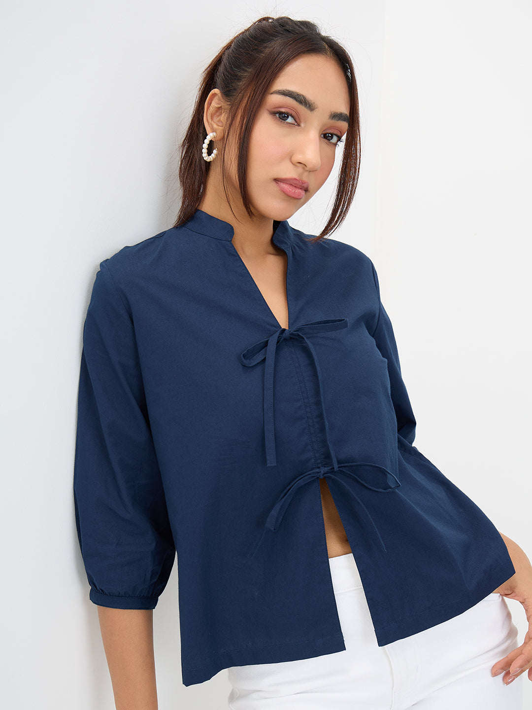 PaperLite Poplin Navy Tie-Up Top
