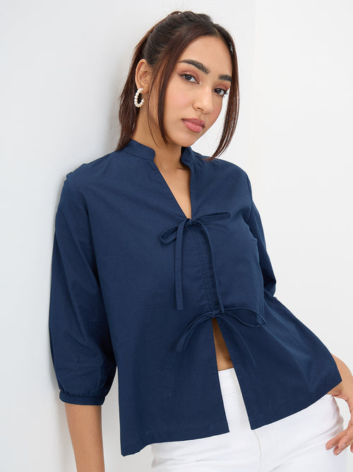 PaperLite Poplin Navy Tie-Up Top