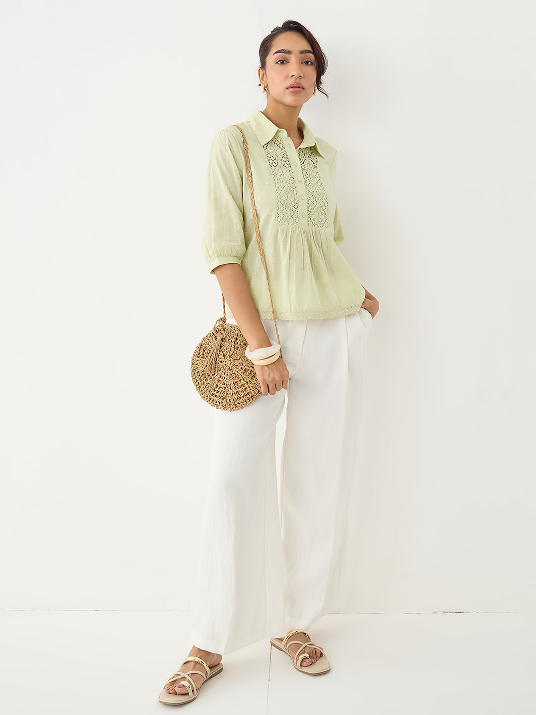 Sage Lace Insert Cotton Dobby Top
