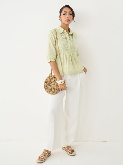 Sage Lace Insert Cotton Dobby Top