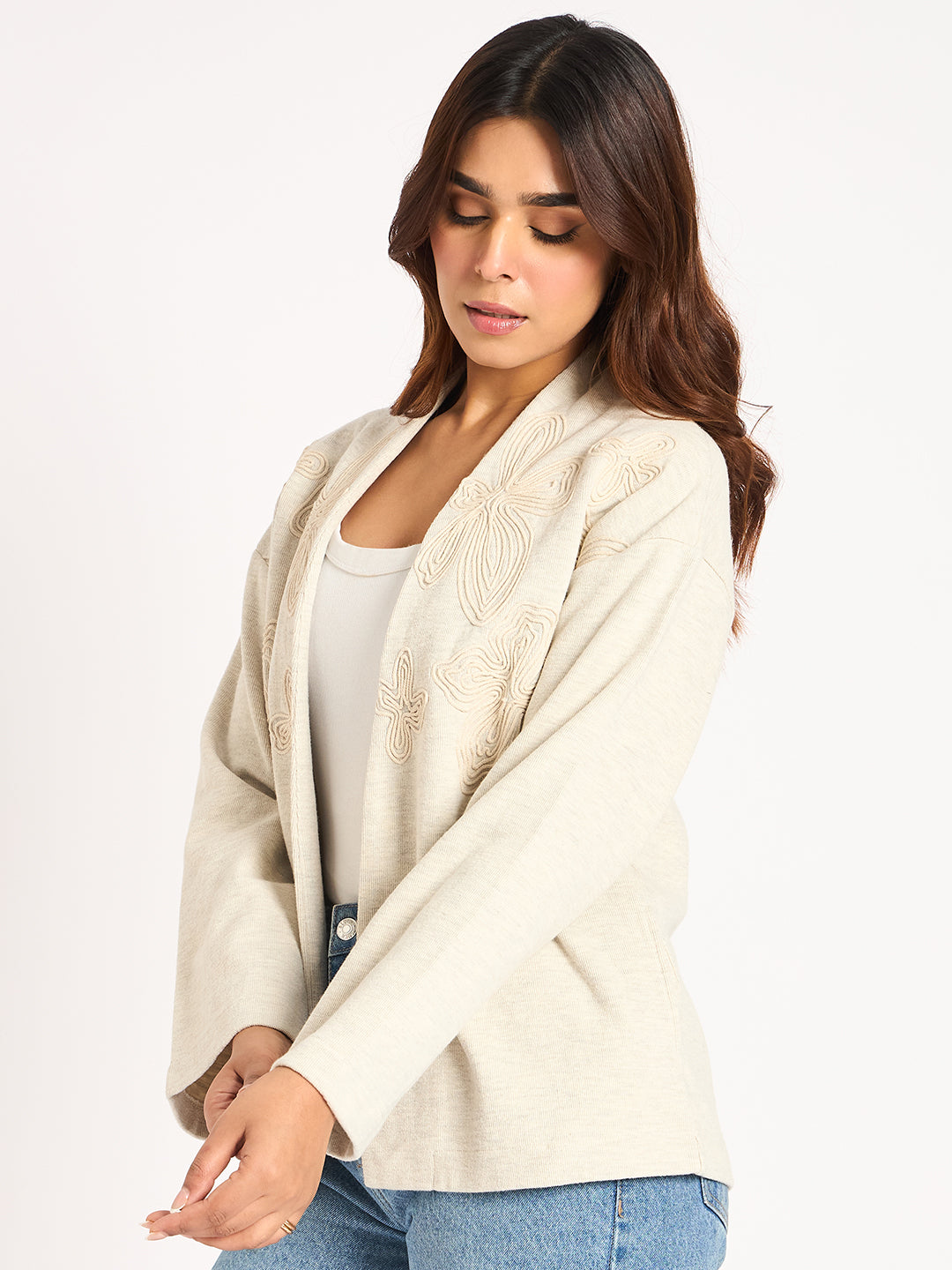 Beige Tonal Embroidered Shrug