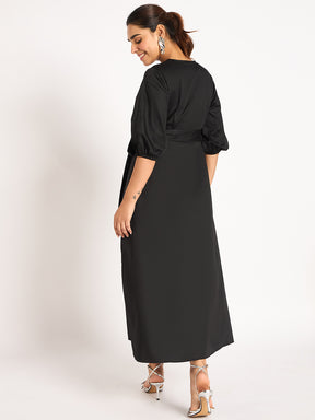Black Pleat Detail Wrap Maxi Dress