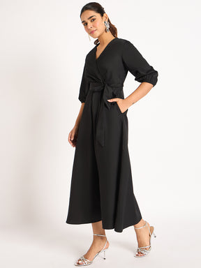 Black Pleat Detail Wrap Maxi Dress